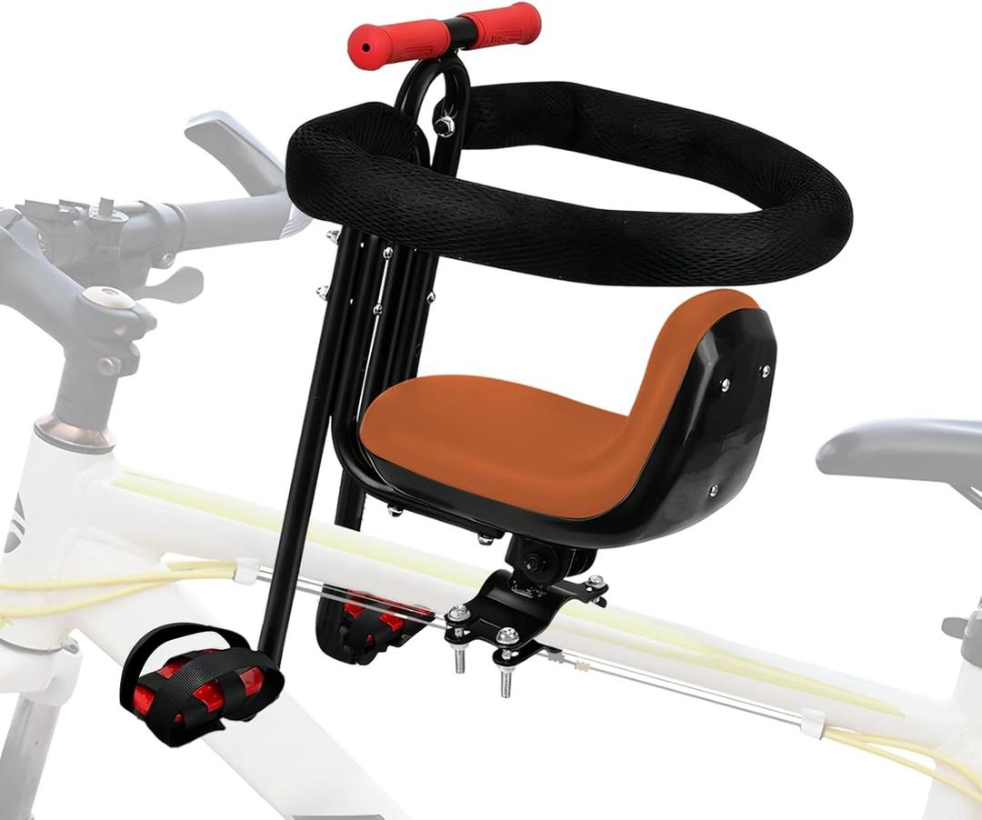 Front Mounted Child Bike Seat for Adult MTBInteractive Toddler Bicycle Carrier with Full Guardrail,Foot Pedals & Removable Foot Straps,Height Adjustable for Kids 15 Years (Up to 55lbs)