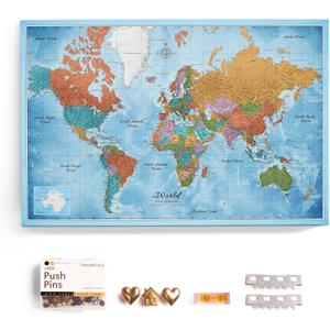 Canvas World Map with Cork Pin Board - English Lettering - Decorative Wall Decoration for All Rooms - Canvas Pictures with World Map Motif (70x50 cm, Pattern 21)