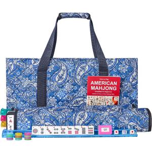 American Mahjong Game Set, 166 Quality White Tiles, 4 All-in-One Color Rack/Pushers, Mahjong Tile Set with Blue Printed Carrying Bag