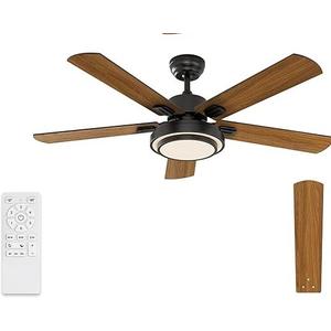 warmiplanet Indoor Ceiling Fans with Lights and Remote Control, 52 Inch, 6 Speeds Reversible DC Motor, 3 Color Dimmable Light, Timer, Noiseless, Black/Dark Walnut, 5-Blades