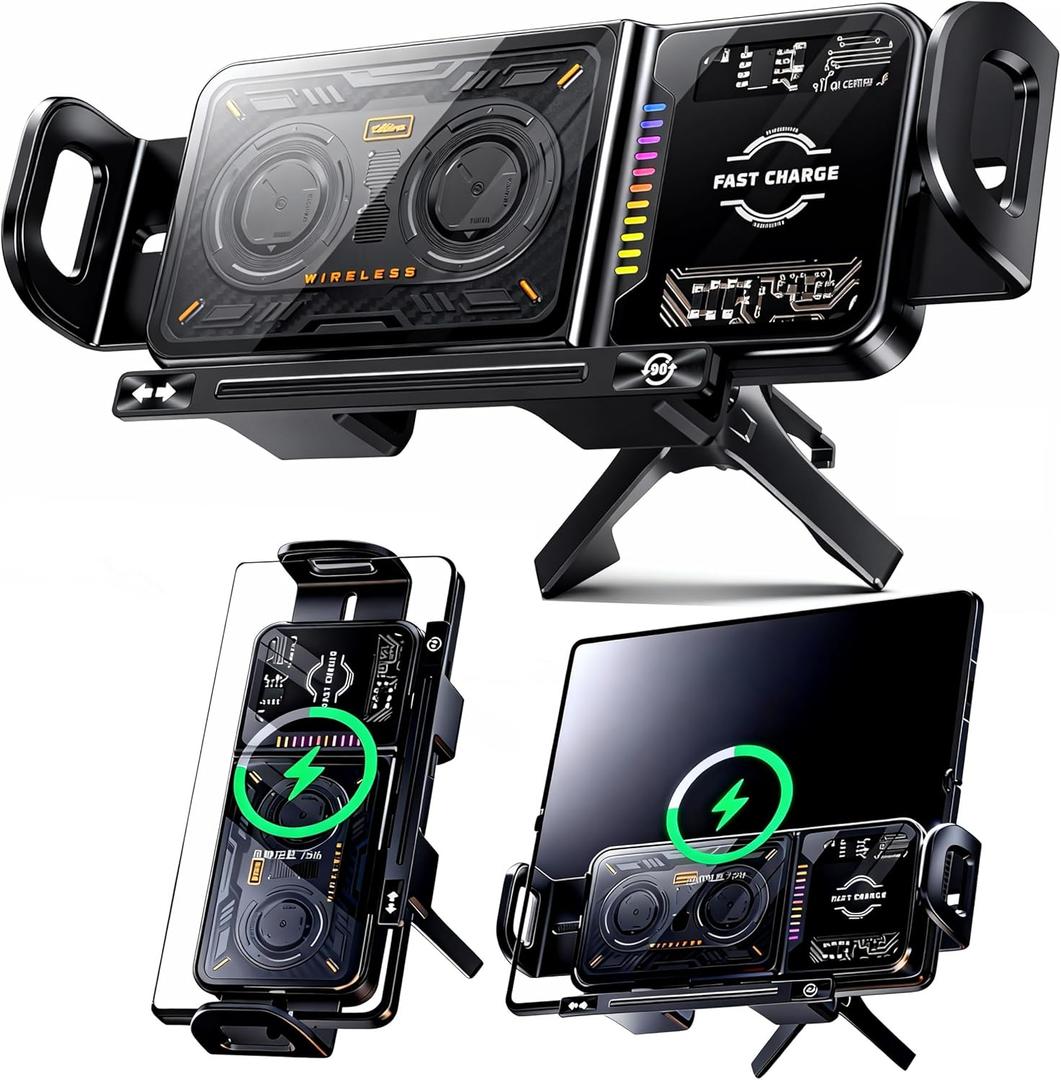 Wireless Car Charger, 2026 Upgrade 15W Fast Charging with LED Light Auto Clamping Phone Holder for iPhone 16/15/14/13 Mini Pro Max, Samsung Galaxy S25 Ultra, S24/S23 etc (Black)