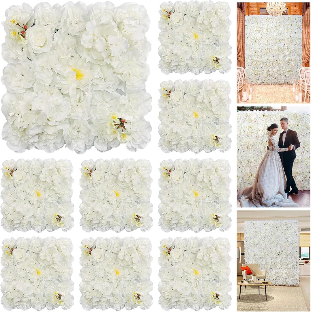 QinmiGarden Artificial Flower Wall Backdrop 9pcs 16.5x16.5 Inch Silk Floral Wall Panel Ideal for Wedding Celebrations, Festive Party Birthday Backdrops and Elegant Home Decor