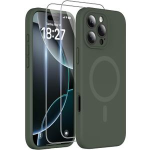 Magnetic for iPhone 16 Pro Max Case, Compatible with MagSafe, Two 9H Screen Protectors, Full Camera Protection, Military-Grade Protection Silicone Phone Cover for 16 Pro Max 6.9", Dark Green