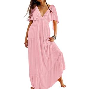 Kikibell Women Summer Dresses Sexy V-Neck Maxi Dress Tiered Silhouette with Flutter Sleeve Backless Elastic Waist Flowy Dress (Pink) L Kikibell Women Summer Dresses Sexy V-Neck Maxi Dress Tiered Silhouette with Flutter Sleeve Backless Elastic Waist Flowy Dress (Pink) L