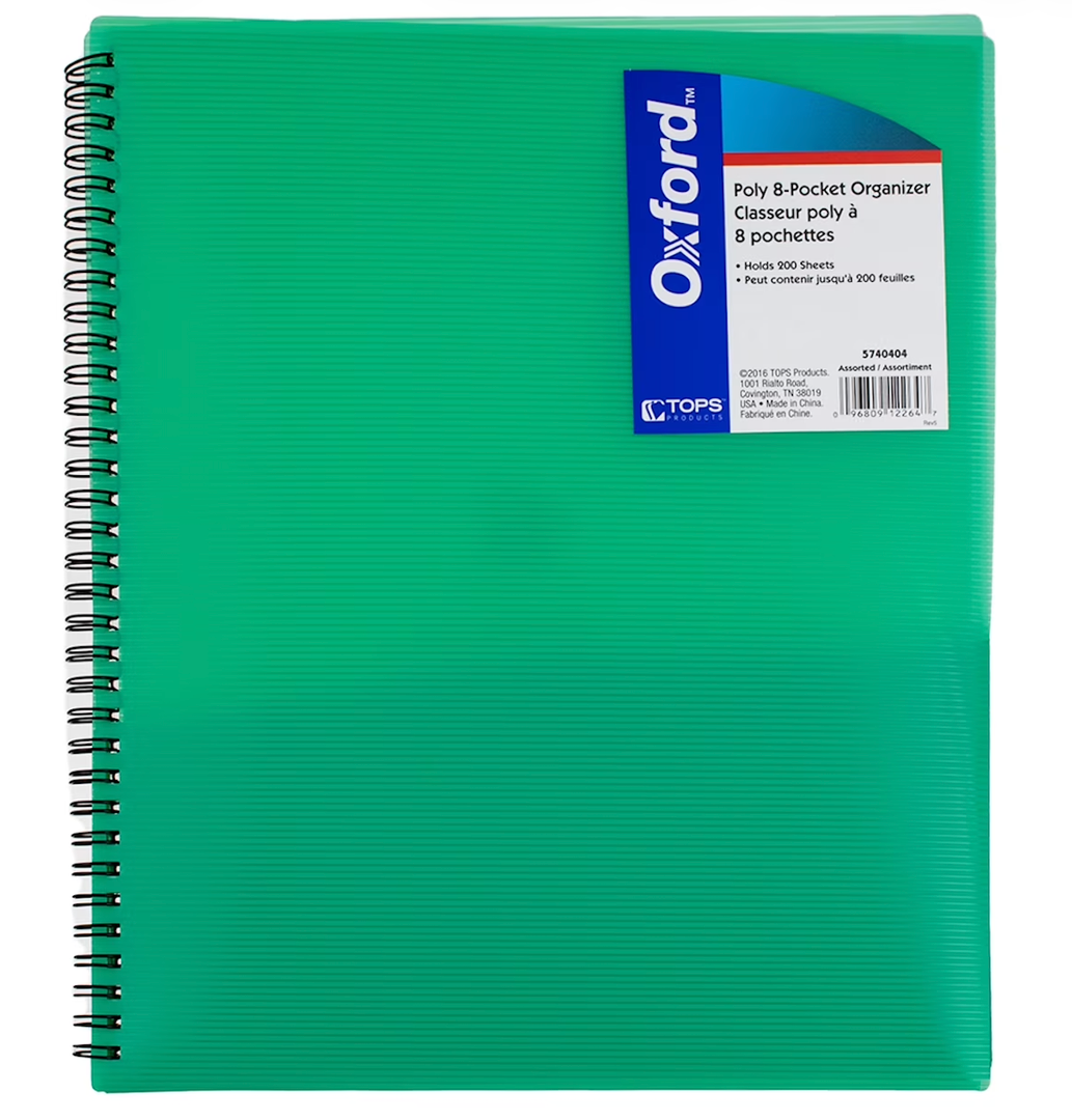 Oxford Poly 8-Pocket Organizer, Letter Size Folder, Durable Translucent Poly, Wire Binding, Holds 200 Sheets, Assorted Colors (Red, Blue, Green and Purple), No Color Choice, 1 Per Pack (5740404)