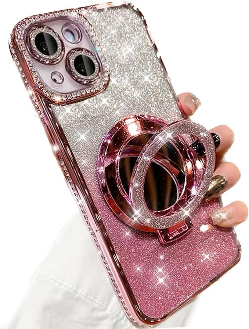 for iPhone 15 Plus Case Magnetic KickStand, [Compatible with Magsafe] Shockproof Glitter Makeup Mirror Ring Holder Camera Lens Protector Girly Cute Bling Phone Cover for iPhone 15 Plus (Pink)