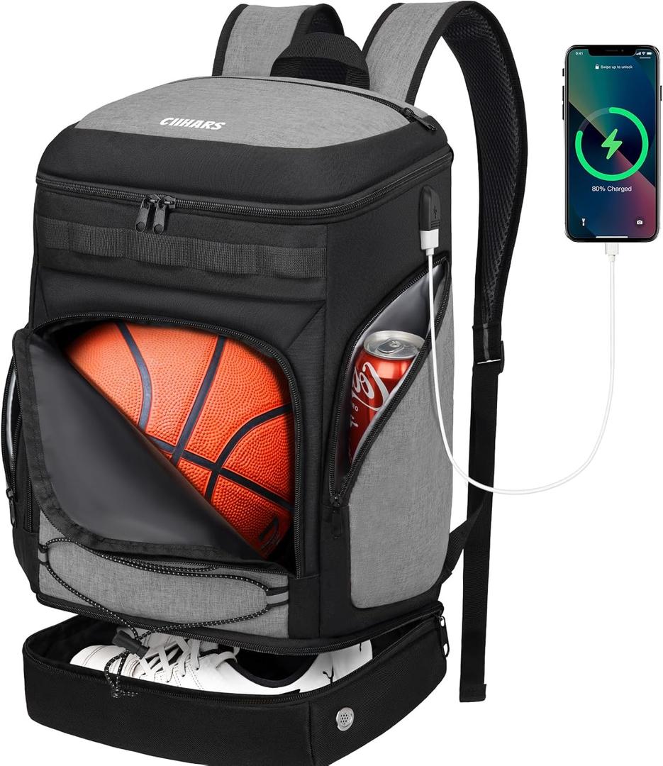 Basketball Backpack Bag Large Sports Bag with Separate Ball holder & Shoes compartment, Best for Basketball, Soccer, Volleyball, Gym (Grey)