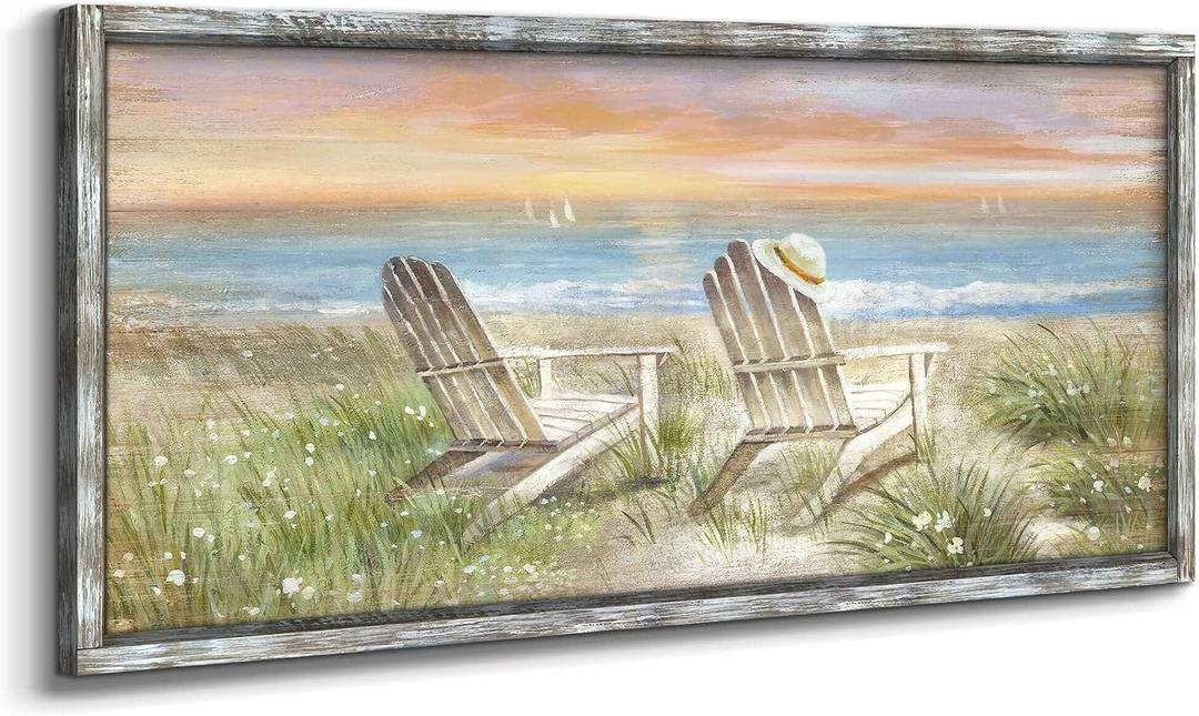 old barn Beach Wall art Beach Chair Picture Frame Hand Painted Texture Ocean Wood Wall Art s Seascape Painting Coastal Artwork for Walls Large Beach chair wall art, 60"L x 30"W