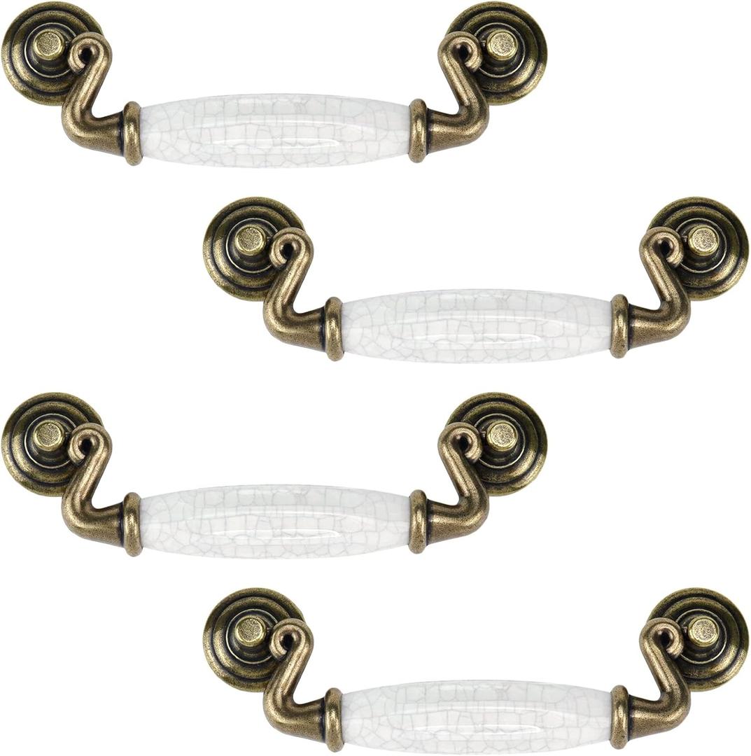 4 PCS Ceramic Handles Pulls,4.5 Inch / 115 mm Hole Distance Antique Crack Drawer Dresser Pull Handles for Kitchen Closet Cupboard,Brown
