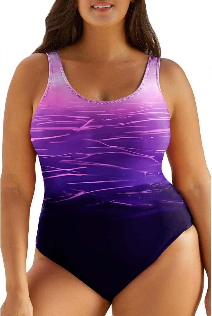 Eytino Plus Size Swimsuit for Women Back Crisscross Sports Tummy Control One Piece Bathing Suits(Purple, XL)