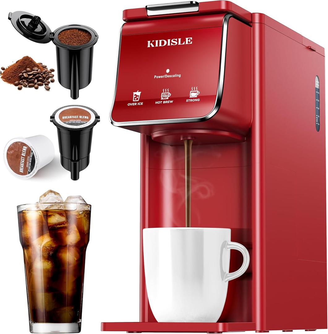 Hot & Iced Coffee Maker, K Cup Coffee Maker Compatible with Ground Coffee, Single-Serve Brewer with Bold Setting, Reusable Filter, Travel Mug Friendly, Compact & Quick Brew, Red