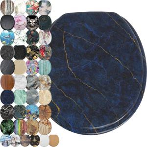 Sanilo Soft Close Toilet Seat ROUND, Quiet and Slow Close Lid and Seat, Strong Bumpers and Hinges (Marble Dark Blue)