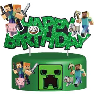 Pixel Styled Cake Decorations, Cartoon Happy Birthday Cake Topper, Video Game Themed Party Supplies for Boys & Girls (Green)