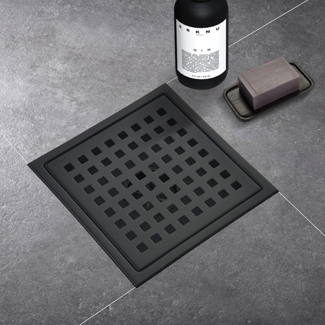 6 Inch Square Shower Drain with Flange,Matte BlackQuadrato Pattern Grate Removable,Food-Grade SUS 304 Stainless Steelwith Hair Strainer
