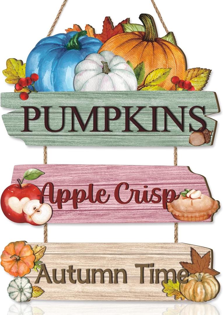 Aurlan Pumpkin Fall Wooden Sign,Autumn Time Decor,Rustic Autumn Wall Plaque,Colorful Pumpkin Wall Hanging,Apple Crisp Maple Leaf Door Hanger,Fall Thanksgiving Wooden Door Decor for Yard Home Room Porch