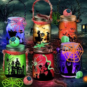 Glass Mason Jars, With Halloween Things, Animals, 6 pct