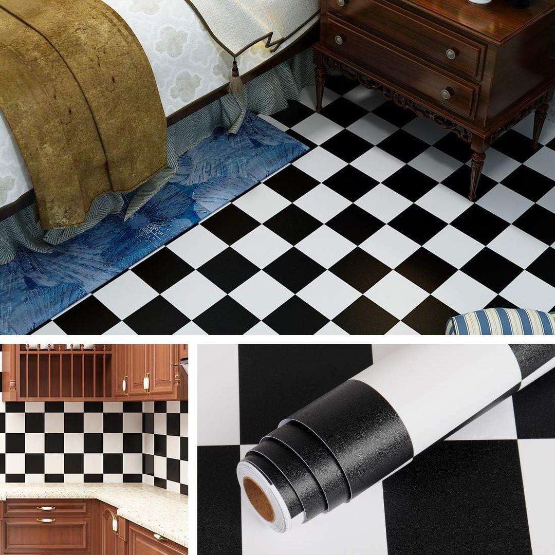 Livelynine 15.8x197 Waterproof Checkered Contact Paper Peel and Stick Black White Checkered Wallpaper Linoleum Flooring Roll PVC Peel and Stick Flooring for Bathroom Kitchen Floor Self Adhesive Vinyl