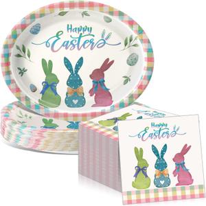 Mimorou 100 Pcs Happy Easter Oval Paper Plates and Napkins-Serves 50, 11'' Large Disposable Bunny Platter Party Decorations Pastel Rabbit Dinnerware Pink Yellow Plates for Spring Easter Party Supplies