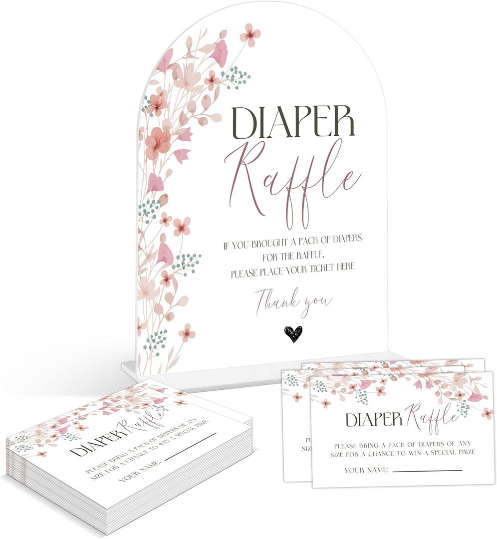 Baby Shower Games - Wildflower Diaper Raffle, 1 Arch Acrylic Sign and 50 Diaper Raffle Tickets, Gender Reveal Game, Floral Baby Shower Decoration Supplies (PE05)