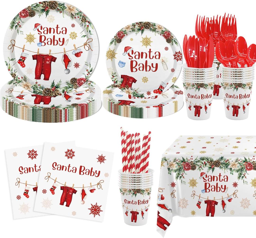 MEHOFOND 193pcs Winter Santa Baby Shower Party Decorations, Christmas Baby Shower Paper Plates Napkins and Cups, Santa Baby Tablecloth, Snowflake Xmas Party Supplies, Serve 24