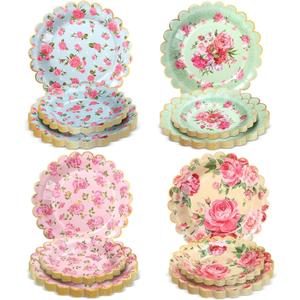 Pasimy 64 Pcs Floral Vintage Plates Paper Tea Party Tableware Set 9 Inch and 7 Inch Plates for Tea Party Birthday Baby Shower Wedding Bachelorette Supplies (Rose)