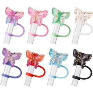 8Pcs B Butterfly Glitter Cap Straw Cover Cap for Stanley Cup 40oz/30oz Accessories, 10mm Reusable Cute Drinking Straw Topper Accessories, Portable Protector Plugs Decorations Gifts for Party Favors