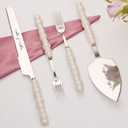 Pearl Wedding Cake Knife and Server Set with Forks, Cake Cutting Set with Stainless Steel Serrated Edges, Silver Pie Cutter Pizza Spatula, Gift for Bridal Couples Engagement (Mr & Mrs)