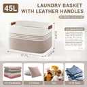 45L Small Laundry Basket with Leather Handles for Living Room Storage, Woven Rope Baskets Bin for Blanket, Kids Toy, Gifts, Wicker Hamper for Bedroom Dirty Clothes, 18"x14"x11" White Brown