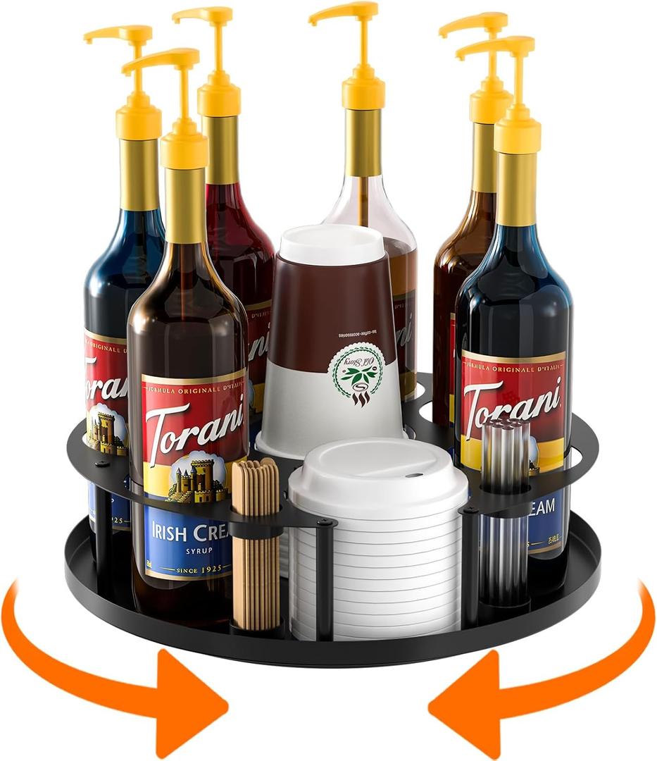 Coffee Syrup Organizer 8 Bottles, Rotating Coffee Syrup Holder with Stirrers Storage for Syrup Bottles, Cup and Lid, Wine Display, Syrup Rack Stand for Coffee Bar Organizer, Kitchen