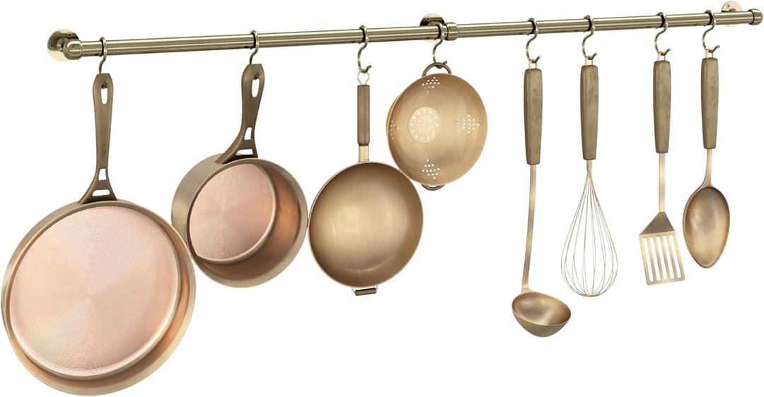 ROTHLEY Hanging Pot Rack Hanger: 39.4 Inch Stainless Steel Pot and Pan Hanger Pot Rack Wall Mounted Hanging Pots and Pans Rack Pot Hangers for Kitchen Wall Kitchen Rail with Hooks (Antique Brass)