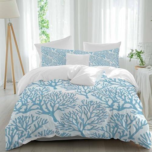 IDOWMAT Summer Blue Coral Twin Duvet Cover Set, Abstract Marine Plants 3 Piece Bedding Set 1 Duvet Cover and 2 Pillowcases Luxury Microfiber Comforter Cover Set