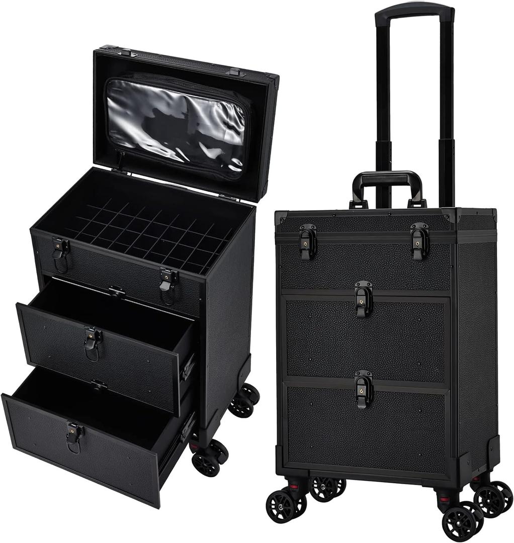 Professional 3 in 1 Rolling Makeup Case Cosmetology Case on Wheels 2 Large Drawer Nail Case Trolley Traveling Cosmetic Train Case with Makeup Pouch for Artists Nail Technician Salon Cart Trunk Black