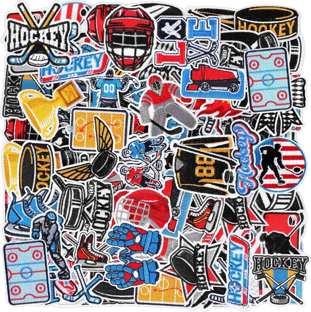 72 Pcs Hockey Iron on Patches Chenille Embroidered Hockey Iron on Hat Patch 36 Style Sport Appliques for Hat Cap Clothes DIY Backpack Pants Jeans