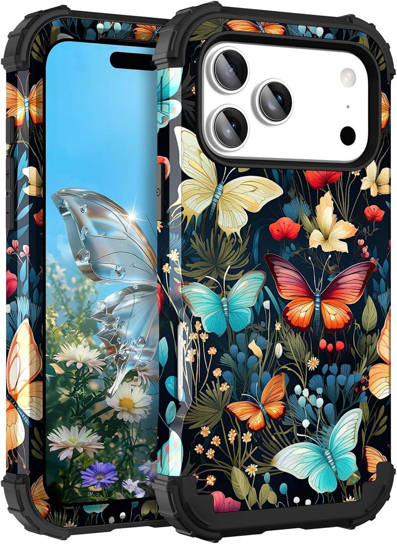 Hocase Heavy Duty Case for iPhone 17 Pro 6.3"", Joyful Butterfly | Shockproof Protection Soft Silicone Rubber+Hard Plastic Bumpers Hybrid Protective Case for Women & Girls