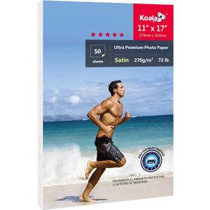 Koala Ultra Premium Photo Paper 11x17 In Satin Photo Printer Paper for Inkjet Printer Water-Resistant Semi Gloss 50 Sheets 72lb