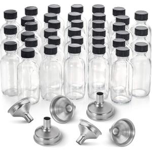 36 Pack, 2 oz Small Clear Glass Bottles w/ Lid & 6 Stainless Steel Funnels - 60ml Boston Sample Bottles - Mini Travel Essential or Decorative Bottles for Potion, Juice, Wellness, Ginger Shots, Whiskey