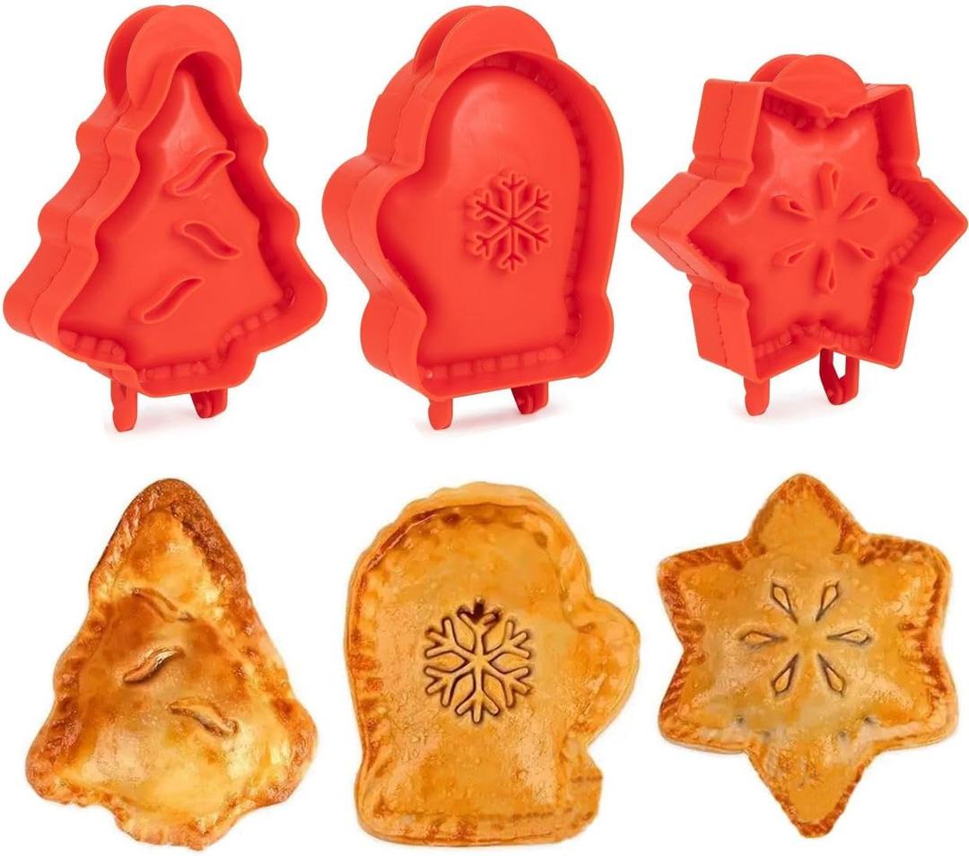 Holiday Mini Pie Gadgets,Party Potluck Hand Pie Gadgets, Hand Pie Press Gadgets Maker for Baking, Winter Snowflake Christmas Tree and Gloves Shapes Pocket Pies Maker3PCS