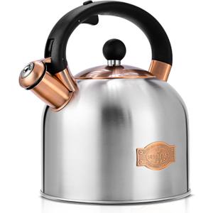SUSTEAS Tea Kettle - 3.17QT Whistling Kettle with Ergonomic Handle - Premium Stainless Steel Tea Pots for Stove Top, Chic Vintage Teapot with Composite Base, Work for All Stovetops (Silver)