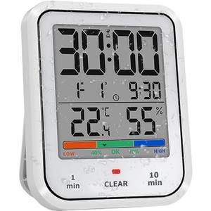 Geevon Digital Bathroom Clock, Waterproof Shower Timer with Large Touch Screen, Battery Operated Bathroom Wall Clock with Temperature & Humidity Display - Suction Cup/Hanging Hole/Stand (White)