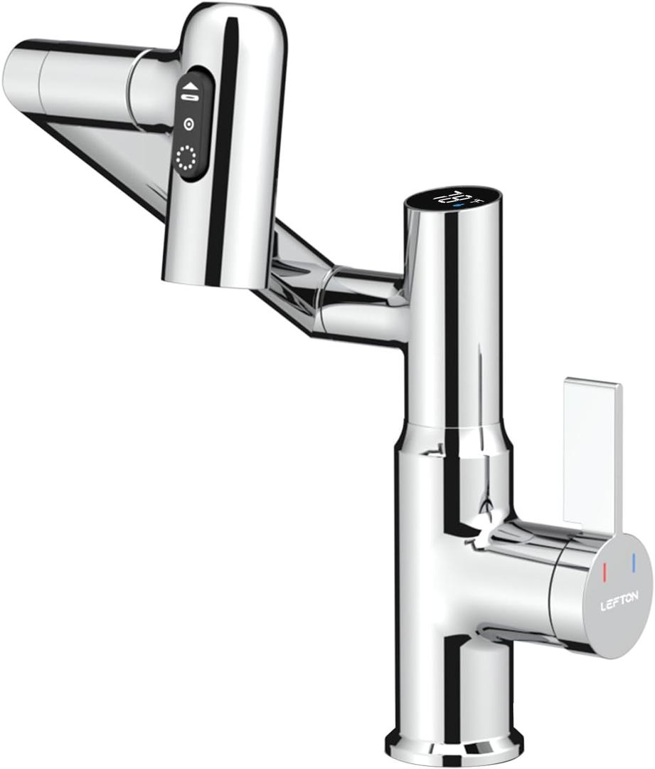 Lefton Rotatable Bathroom Faucet with Temperature Display in Fahrenheit (Batteries-Free), 3 Water Modes, Chrome, BF2204-1