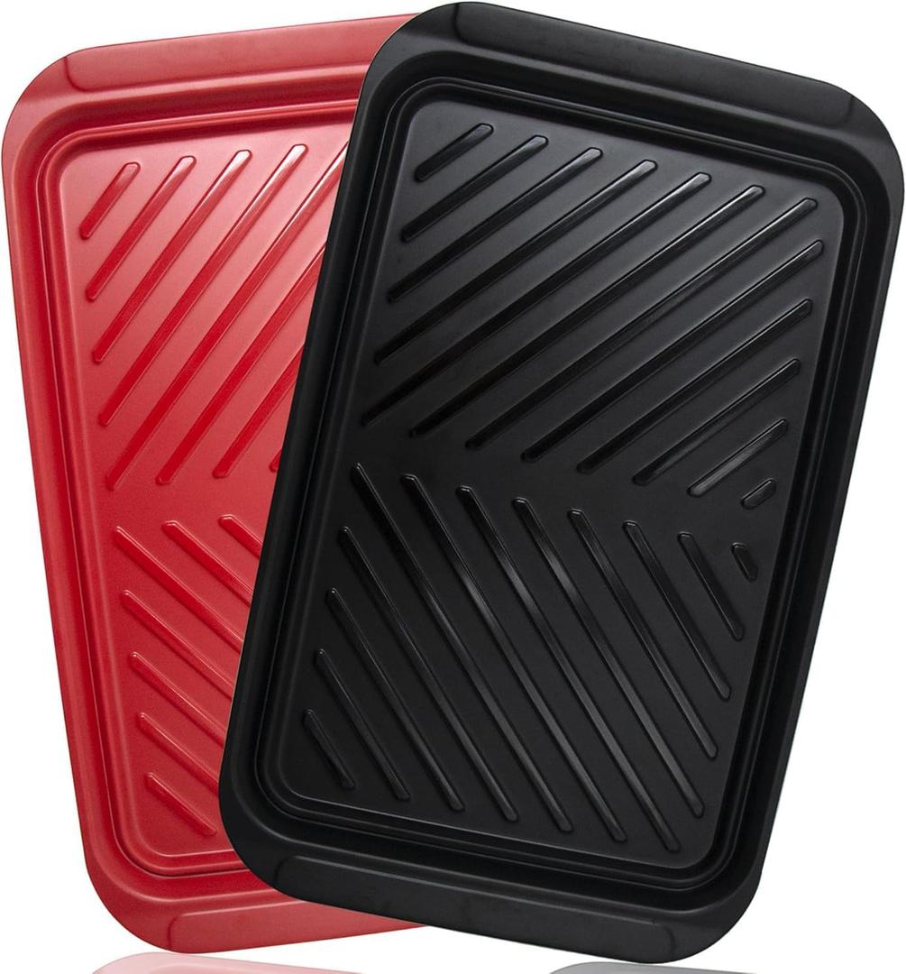 Large Grilling Prep and Serve Trays, 17" x 10.5" x 1.2" BBQ Platters for Raw and Cooked Food, Melamine Serving Trays for Food, Set of 2, Black and Red, Cleaning Pack Included