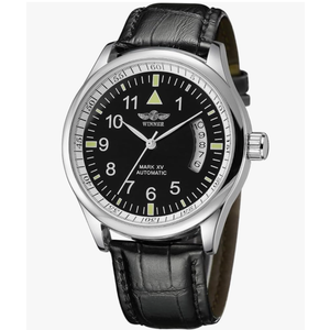 VIGOROSO Men's Mechanical Watches Day Date Black Leather Automatic Self Winding Watch for Men