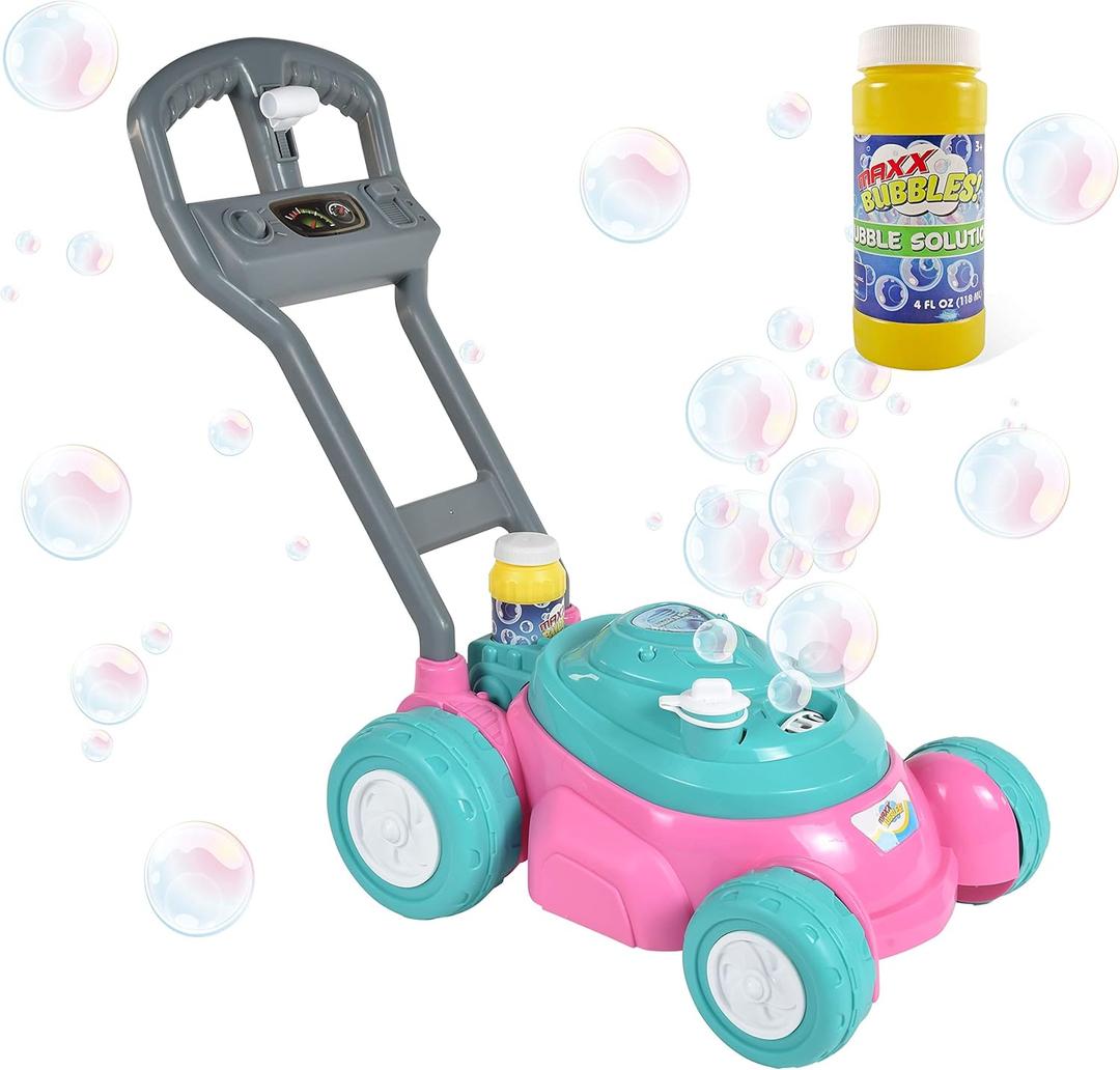 Sunny Days Entertainment Maxx Bubbles Deluxe Bubble Lawn Mower Toy Includes 4oz Bubble Solution | Outdoor Bubble Machine for Kids | Easy to Use, No Batteries Required, Pink