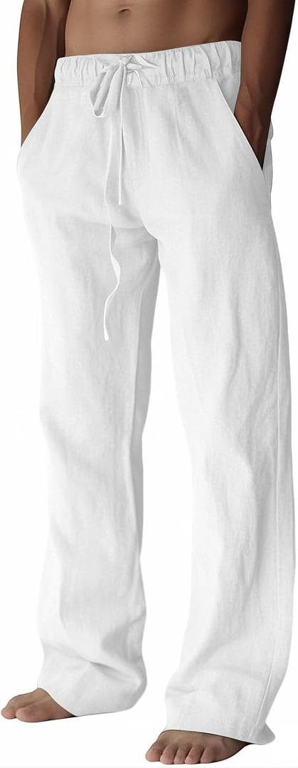PIDOGYM Mens Cotton Linen Pants, Summer Beach Pants Casual Loose Fit with Elastic Waist Drawstring, Large