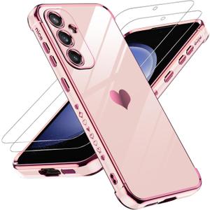 LeYi for Samsung Galaxy S23-FE Case: S23 FE Phone Case Tempered Glass Screen Protector [2 Pcs]+ Full Camera Lens Protection, Love Heart Plating Women Cute Luxury Soft TPU Shockproof S23FE, Pink