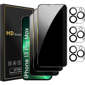 3 Pack Privacy Screen Protector for iPhone 13 Pro Max 6.7 Inch with 3 Pack Camera Lens Protector, Anti Spy Tempered Glass Film, Anti-Scratch, Touch Sensitive, Case Friendly