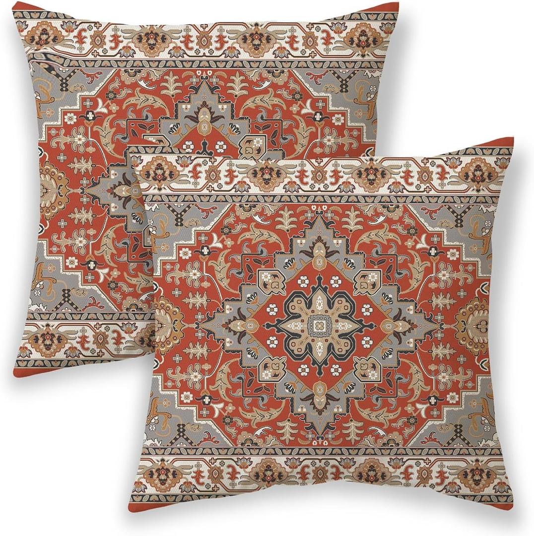 BETGINY Boho Pillow Covers 22x22, Burnt Orange Grey Ethnic Design Outdoor Decorative Throw Pillows for Couch, Fall Carpet Pattern Decor Cushion Cover 2 Pcs Farmhouse Linen Pillowcase for Bed Car Safa
