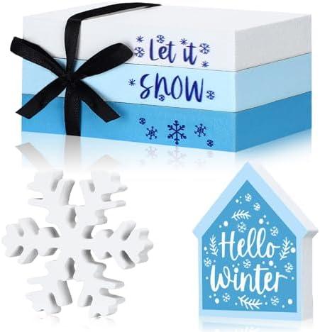 Blulu 5 Pcs Snowflake Table Decoration Hello Winter Tiered Tray Decor Let It Snow Wood Sign Blue White Farmhouse Faux Books Bundle Winter Wonderland Centerpieces for Home Shelf Kitchen Bathroom Decor