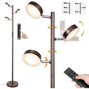 Dimmable LED Floor Lamp with Remote Modern Tall Standing Lamp with 3 Adjustable Heads Light Touch Control 4 Color Temperatures Timer Tree Floor Lamps for Living Room Bedroom Office Reading, Brown