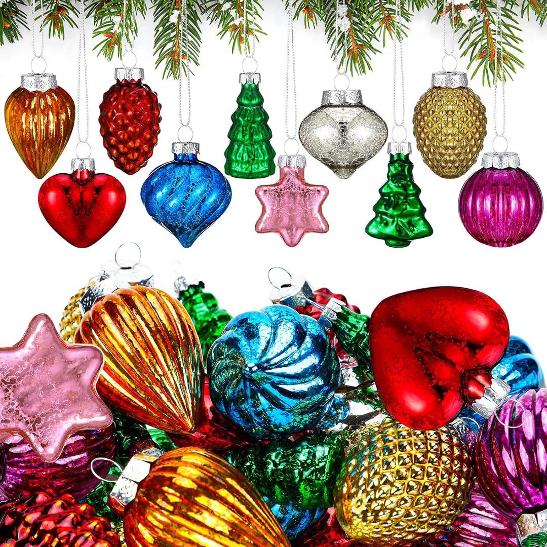 Moucuny 30 Pcs Christmas Vintage Retro Glass Ornaments Bulk, Mini Antique Mercury Glass Ornaments for Christmas Tree Small Hand Blown Ball for Xmas Vintage Holiday Decoration (Multicolor)